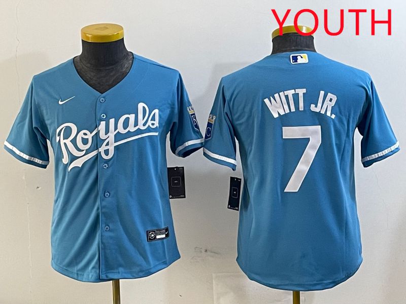 Youth Kansas City Royals 7 Witt jr Light Blue Game 2025 Nike MLB Jersey style 1